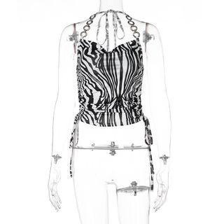 Halter Zebra Print Drawstring Cropped Camisole Top