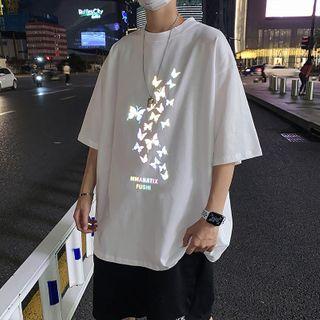 Reflective Butterfly Print Elbow-sleeve T-shirt