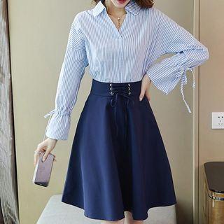 Set: Striped Blouse + Lace Up A-line Skirt