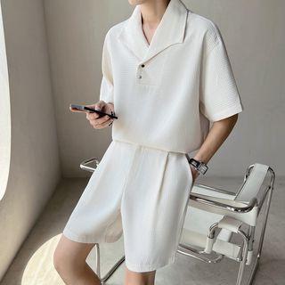 Set: Short-sleeve Plain Polo Shirt + Loose Fit Shorts