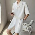 Set: Short-sleeve Plain Polo Shirt + Loose Fit Shorts