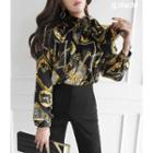 Tie-neck Chain Print Blouse Black - One Size