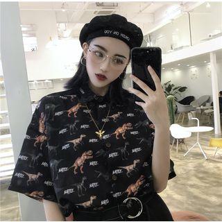 Elbow-sleeve Dinosaur Print Shirt