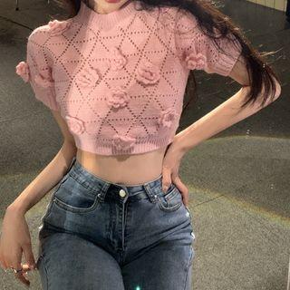 Short-sleeve Flower Accent Knit Crop Top Flower - Pink - One Size