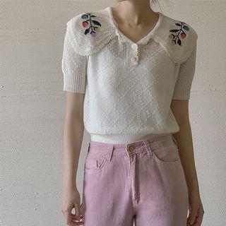Collared Flower-embroidery Knit Top