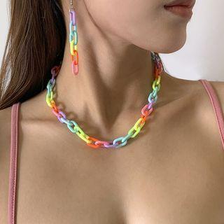 Set: Rainbow Acrylic Chain Dangle Earring + Choker 2710 - Set - Yellow & Pink & Blue - One Size