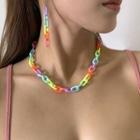 Set: Rainbow Acrylic Chain Dangle Earring + Choker 2710 - Set - Yellow & Pink & Blue - One Size