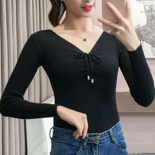 Drawstring V-neck Knit Top