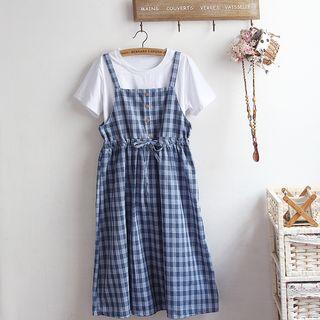 Short-sleeve Cat Embroidered T-shirt / Plaid Pinafore Dress / Set