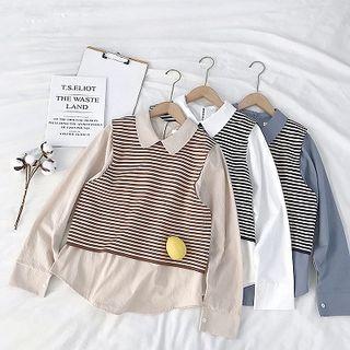 Set:color-block Striped Knit Vest + Plain Long-sleeve Top