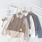Set:color-block Striped Knit Vest + Plain Long-sleeve Top