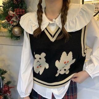 Collared Blouse / V-neck Bear Print Sweater Vest