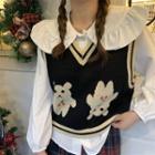 Collared Blouse / V-neck Bear Print Sweater Vest