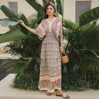 Elbow-sleeve V-neck Print Maxi A-line Dress