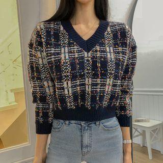 V-neck Plaid Nubby Knit Sweater