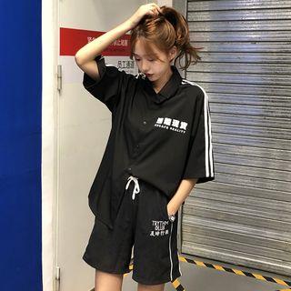 Striped Elbow-sleeve Blouse / Drawstring Shorts