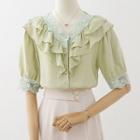 Elbow-sleeve Ruffled Lace Trim Blouse