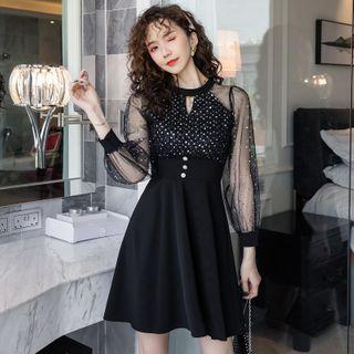 Long-sleeve Mesh-panel Sequined Dress