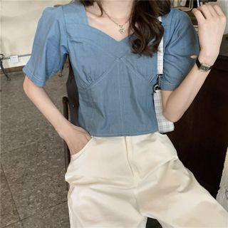 Puff-sleeve Denim Cropped Blouse Top - One Size