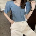 Puff-sleeve Denim Cropped Blouse Top - One Size