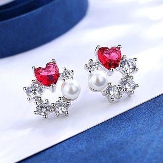 Faux Pearl Rhinestone Heart Mini Hoop Earring As Shown In Figure - One Size