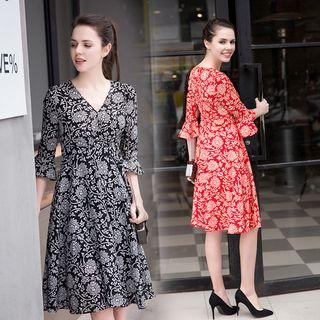 Flower Print 3/4 Sleeve Midi Dress