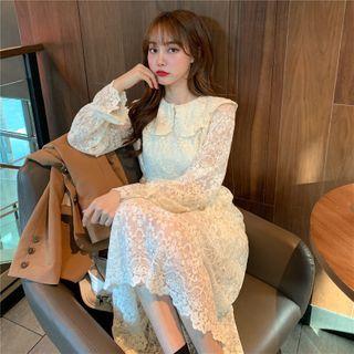 Collared Bell-sleeve A-line Lace Dress Almond - One Size