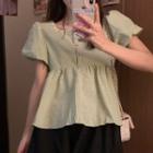 Set: Short-sleeve Plaid Blouse + Headband