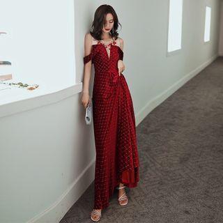 Mesh Panel Sleeveless Rhinestone Velvet Evening Gown