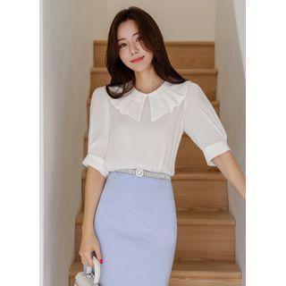 Ruffle-collar Pleated Blouse Ivory - One Size