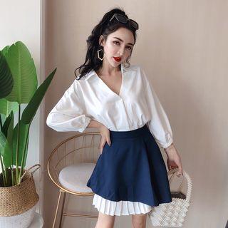 Set Of 2: V-neck Long Sleeved Pleated Skirtdress + High Waist Skirt