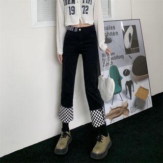 Cropped Checkerboard Panel Straight Leg Jeans