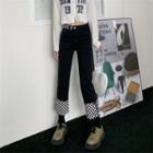 Cropped Checkerboard Panel Straight Leg Jeans