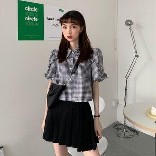 Plaid Short-sleeve Shirt / Pleated Skirt