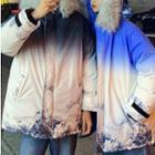 Couple Matching Furry Trim Gradient Hooded Padded Zip Jacket