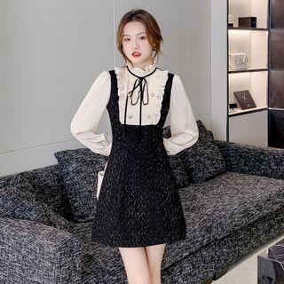 Long-sleeve Mock-neck Frill Trim Mini A-line Dress