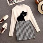 Set: Cat Applique Sweater + Mini Houndstooth Sheath Skirt