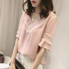 Fringed Lace Elbow Sleeve Chiffon Top