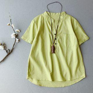 Short-sleeve Buttoned Linen Blend Top