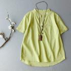 Short-sleeve Buttoned Linen Blend Top