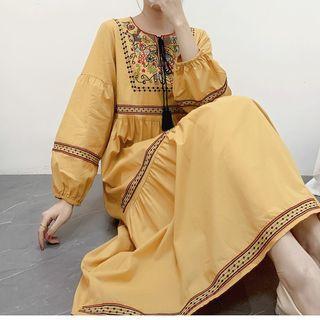 Long-sleeve Floral Embroidered Tasseled Midi Smock Dress