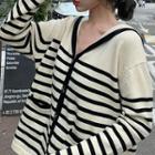 Sailor Collar Striped Knit Cardigan Almond - One Size