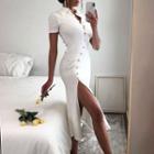 Button-up Slit Short-sleeve Midi Bodycon Dress