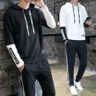 Set: Two-tone Lettering Hoodie + Contrast-trim Sweatpants