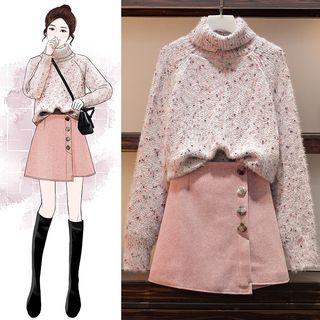 Turtleneck Sweater / Button Detail A-line Skirt / Set