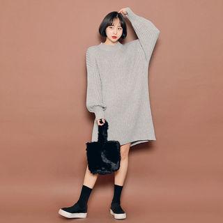 Puff-sleeve Ribbed Knit Dress