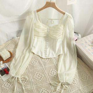 Details Ruched Chiffon Crop Blouse Almond - One Size