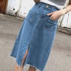 Fray Front-slit Midi Denim Skirt