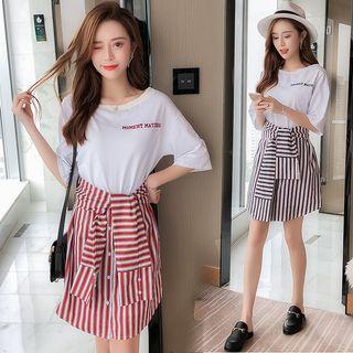 Lettering Elbow-sleeve Mock Two-piece Dress