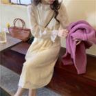 Round-neck Lace Fleece Lined Long-sleeve Dress Almond - One Size